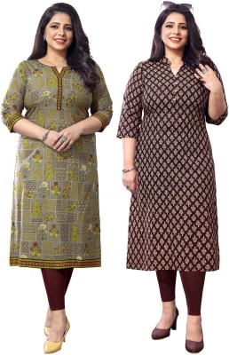 Jevi Prints Women Floral Print, Kalamkari Straight Kurta(Brown, Grey)