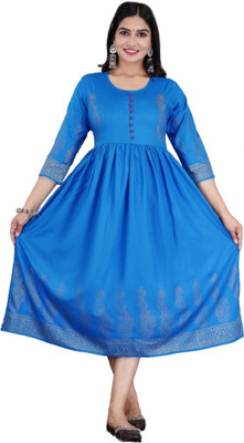NEW LAXMI HAND BLOCK PRINT Women Printed A-line Kurta(Blue, Grey)