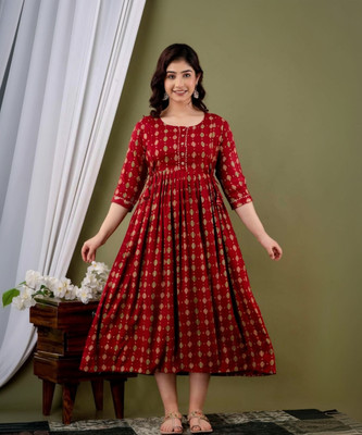 neeravcreation Women Printed Flared Kurta(Red)