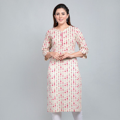 The Fun Basket Women Printed Straight Kurta(Beige)