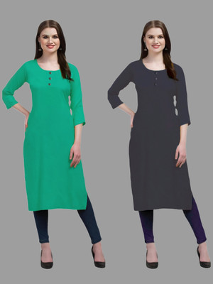 Coft Women Solid Straight Kurta(Light Green, Grey)