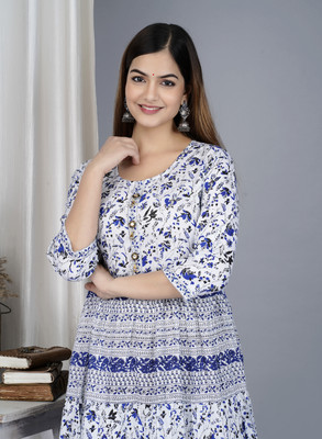 NUPITAL Women Printed Anarkali Kurta(White)