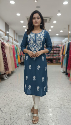 khamsahh Women Embroidered, Chikan Embroidery Straight Kurta(Blue)