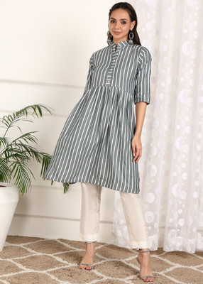 Ladylaz Women Striped Straight Kurta(Grey)