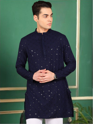Tattva Men Embellished Straight Kurta(Blue)
