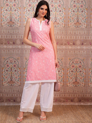 BKApparels Women Printed Straight Kurta(Pink, White)
