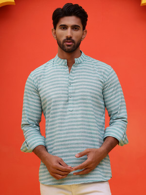 Anouk Rustic Men Striped Straight Kurta(Green)