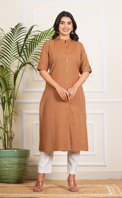 hustle bustle Women Solid A-line Kurta(Brown)