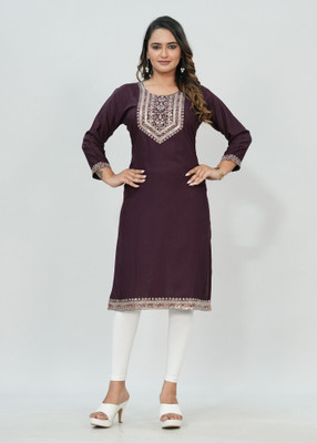 Elvya Women Embroidered, Embellished Straight Kurta(Purple)