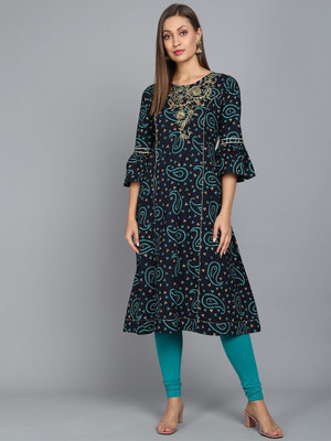 ANOUK Women Embroidered A-line Kurta(Blue)