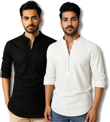 GOD HEART Men Solid Straight Kurta(Black, White)