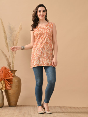 Hariks Women Printed Straight Kurta(Orange)
