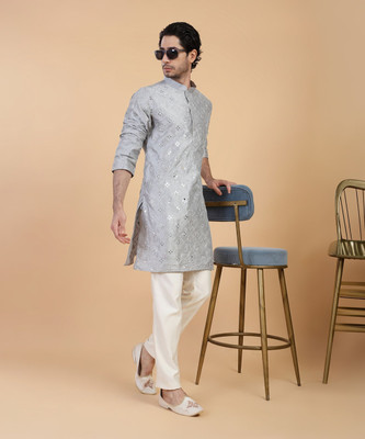 CHIRASVI Men Embroidered Straight Kurta(Grey)