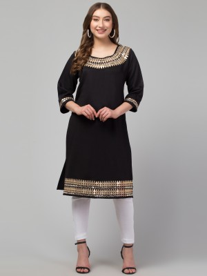 CROWNKING Women Embroidered Straight Kurta(Black)