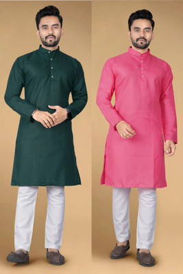 FASHIONPARROT Men Solid Straight Kurta(Green, Pink)
