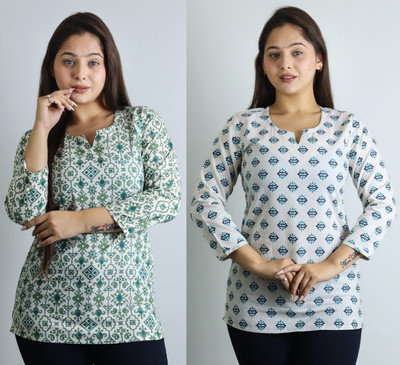 Tela Bonita Women Printed Straight Kurta(Green, Light Blue)
