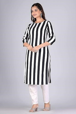 neshapex Women Striped Straight Kurta(White, Black)