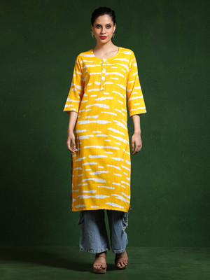 Jaipur Kurti Women Printed Straight Kurta(Yellow)