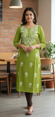 ZEHRACHIKAN Women Embroidered, Solid Straight Kurta(Green)