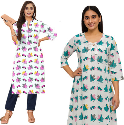 SHATEXTILES Women Printed Straight Kurta(Pink, Green)