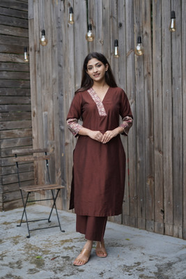 EthnicElement Women Solid A-line Kurta(Brown)