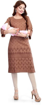 Mom&bae Women Printed A-line Kurta(Brown)