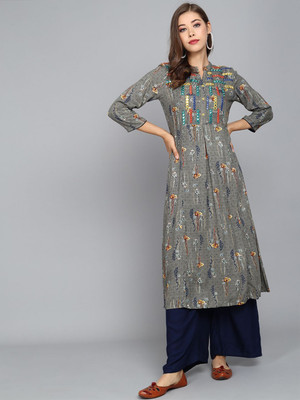 ANOUK Women Printed A-line Kurta(Grey)