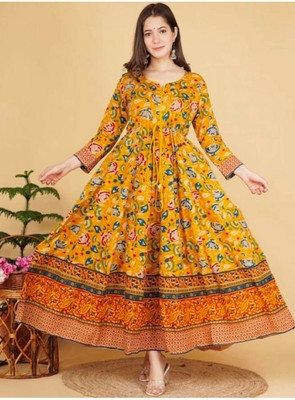 mahadevara creation Women Printed Anarkali Kurta(Yellow)