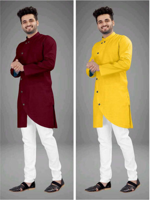 CRYSTALREVENUE Men Solid Trail Cut Kurta(Multicolor)
