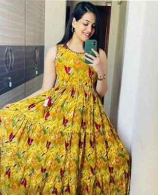 HUSSIAN CREATION Women Printed Anarkali Kurta(Yellow)