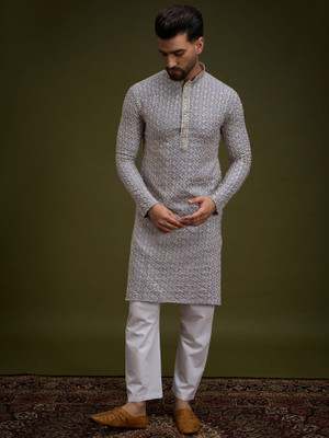 ANOUK Men Floral Print Straight Kurta(Purple)