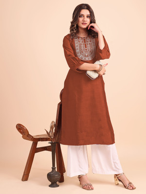 yeoja creation Women Embroidered Straight Kurta(Orange)