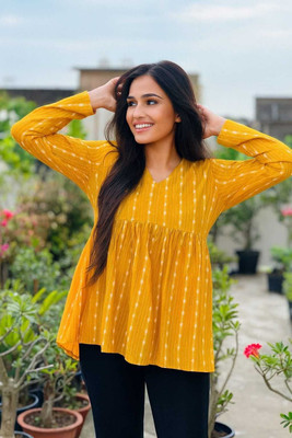 BLEVY Women Printed A-line Kurta(Yellow)