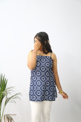 aanzri Women Printed A-line Kurta(Blue)
