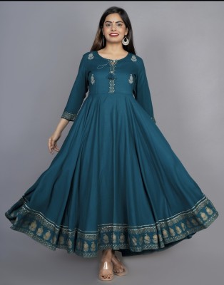 RAJBHARAT Women Printed Anarkali Kurta(Light Blue)