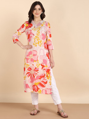 maaesa Women Printed Straight Kurta(Pink, Yellow)