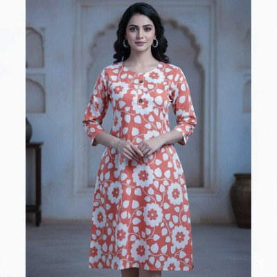sofiacollection Women Floral Print Straight Kurta(Orange, White)