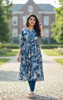 Klothing Women Printed A-line Kurta(Blue)