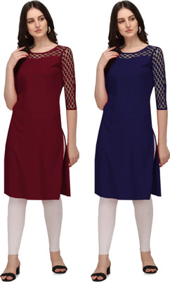 Maheshvi Women Solid Straight Kurta(Maroon, Dark Blue)