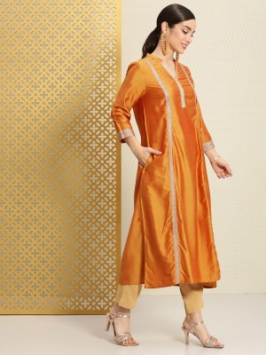 House of Pataudi Women Embellished A-line Kurta(Yellow)