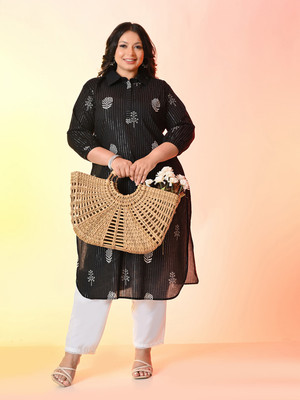 PrettyPlus by Desinoor.com Women Printed Straight Kurta(Black)
