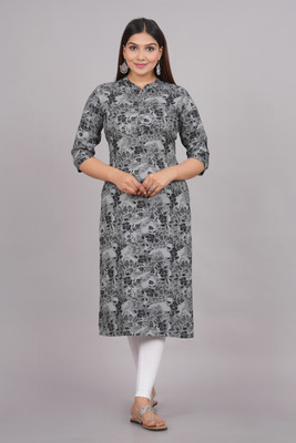 METAFAB Women Printed Straight Kurta(Grey)