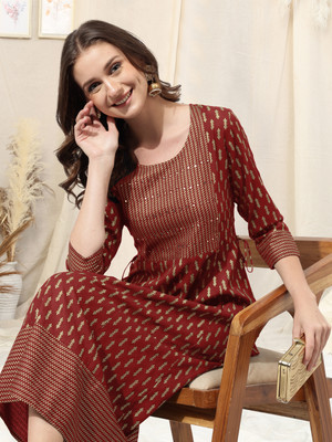 MIRCHI FASHION Women Printed A-line Kurta(Maroon, Gold)
