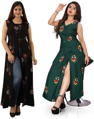 tanvi creation Women Printed Frontslit Kurta(Green)