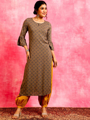 ANOUK Women Printed Straight Kurta(Grey)
