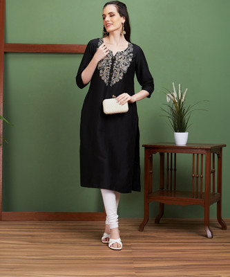 Globus Women Floral Print Straight Kurta(Black)
