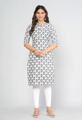 JFT Jaipur Fabtex Women Printed Straight Kurta(Black, White, Grey)