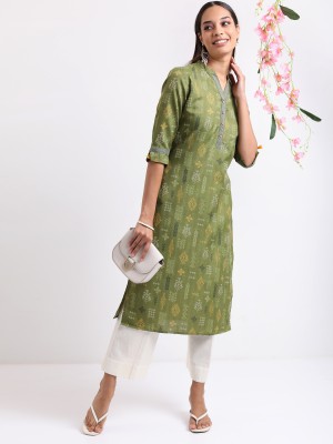 Vishudh Women Printed Straight Kurta(Green)