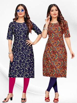 HouseOfCommon Women Printed Straight Kurta(Blue, Brown)