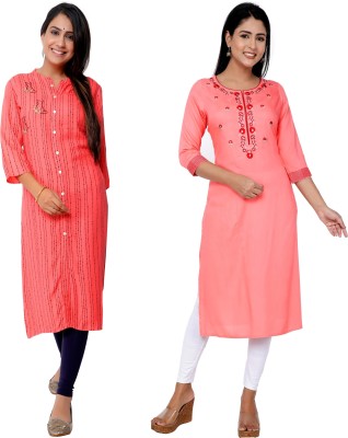 Kundan Women Printed Straight Kurta(Red, Pink)